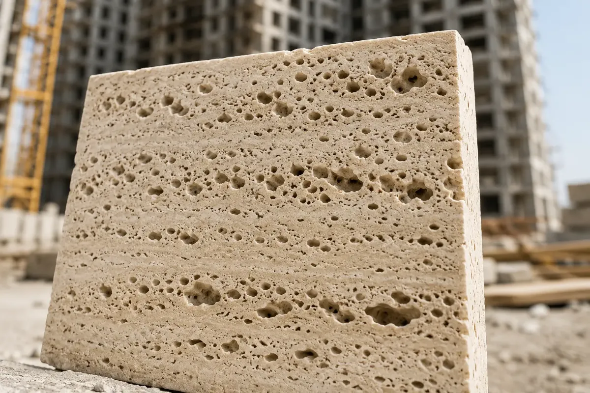 تخلخل طبیعی پشت سنگ تراورتن برای افزایش چسبندگی به ملات در نمای ساختمان