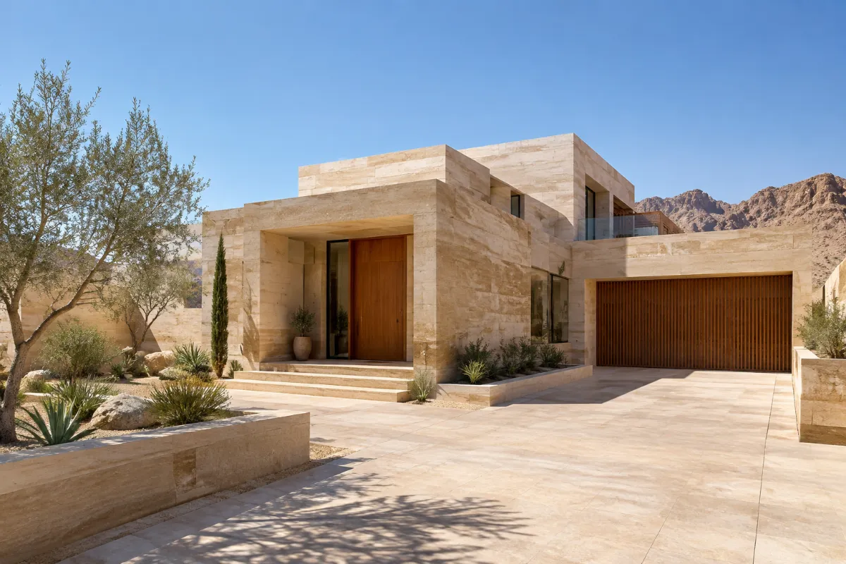 Luxury modern villa facade featuring thermal resistant beige travertine in hot dry climate