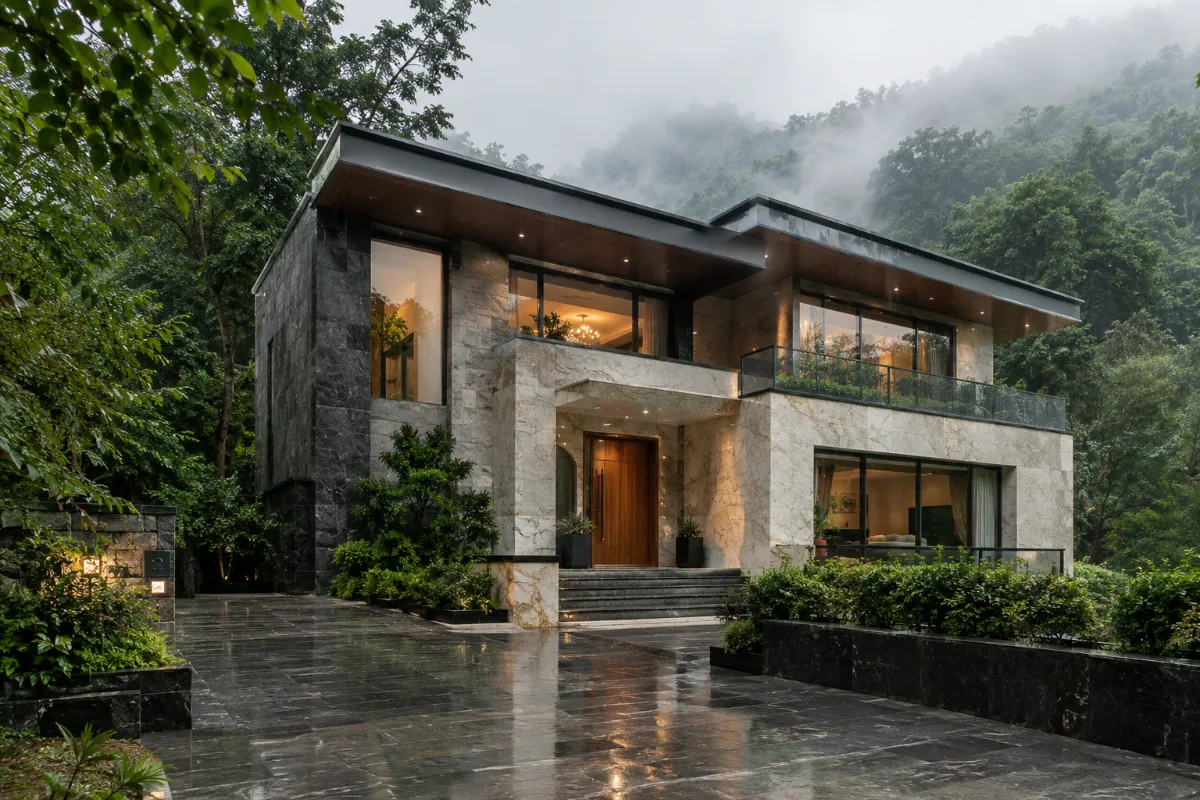 Contemporary coastal residence with rain-resistant crystal stone and black granite cladding