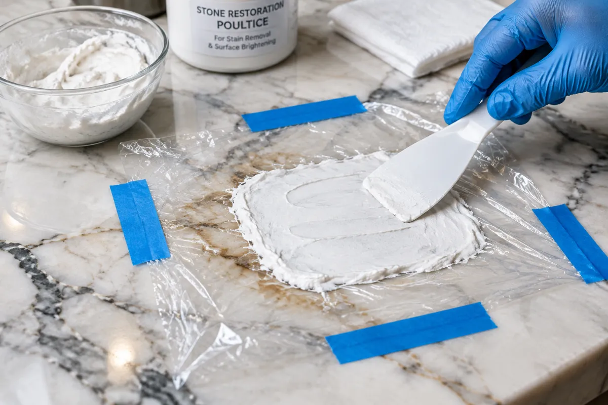 تطبيق معجون الكمادة الاسموزية (Poultice) لإزالة البقع العميقة من الرخام - حجر۲۰