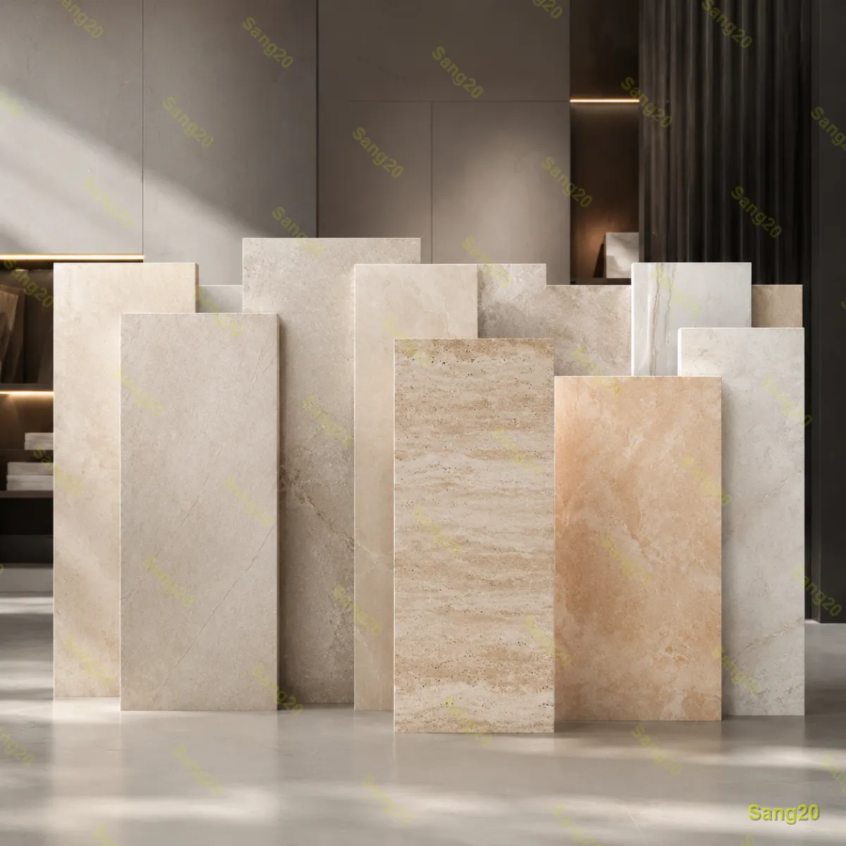 Color variations of Semirom Tramite stone; showcasing different shades of cream and bone-white