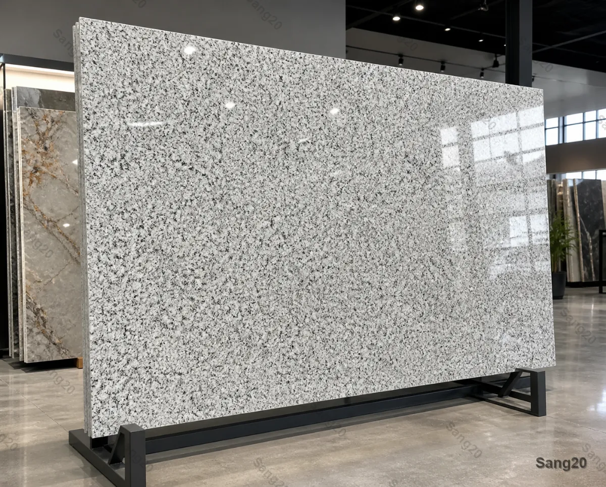 Polished Natanz white granite slab with natural grey and black mineral speckles, suitable for countertops, flooring and architectural wall cladding