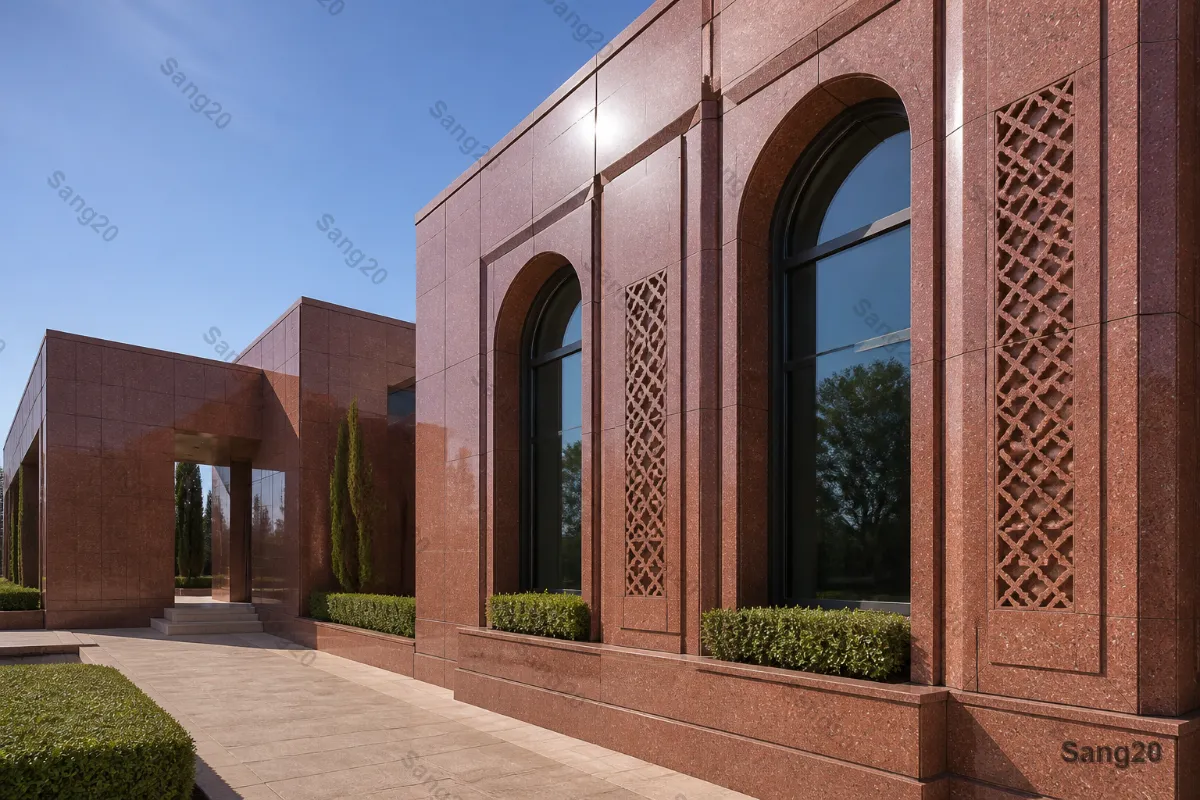 نمای خارجی ساختمان مدرن با سنگ گرانیت قرمز یزد، تلفیق معماری معاصر با المان‌های هندسی سنتی ایرانی، سنگ نمای باکیفیت با رنگ گرم