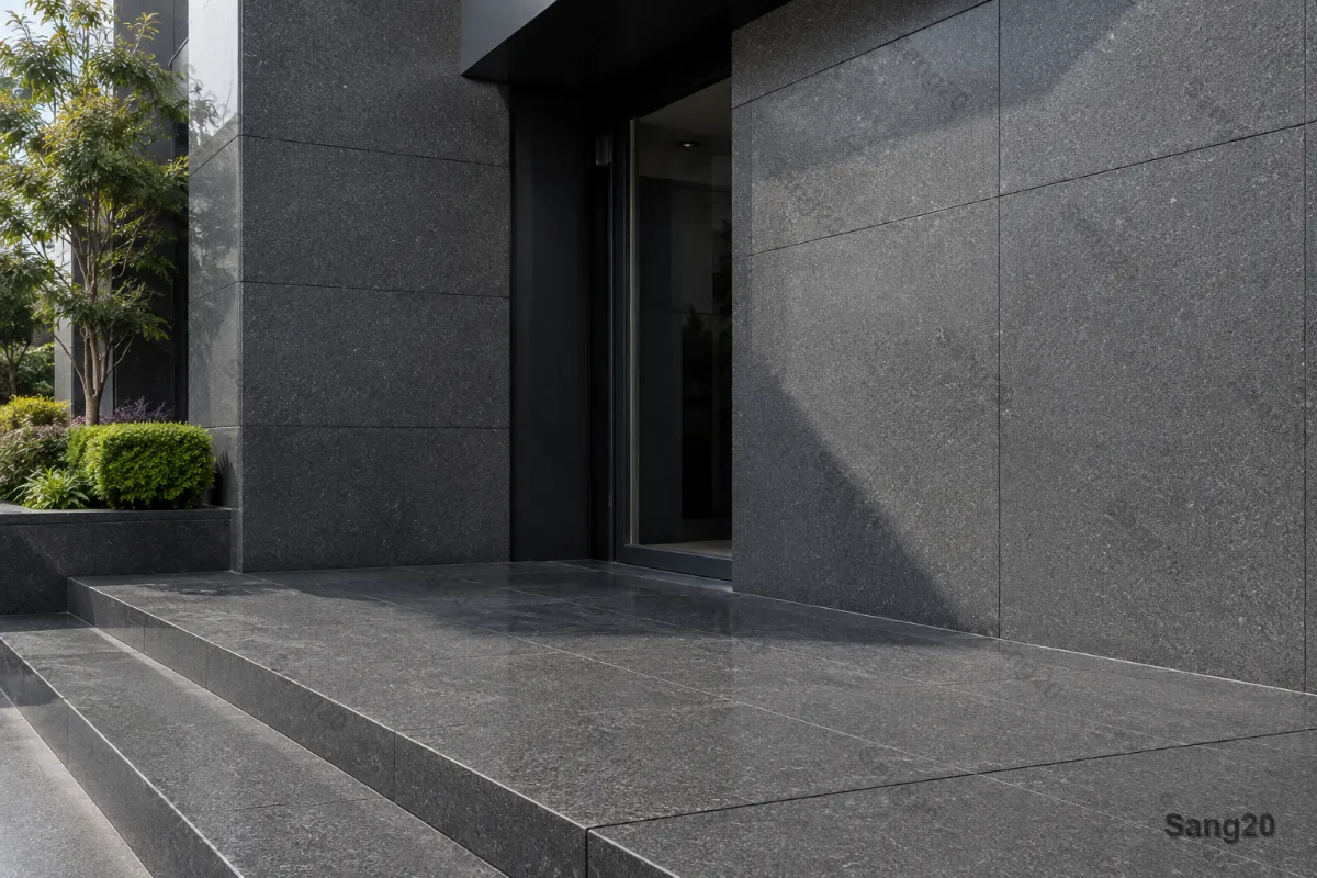 Hamadan dark grey granite tiles used for modern building facade, exterior entrance steps and outdoor flooring