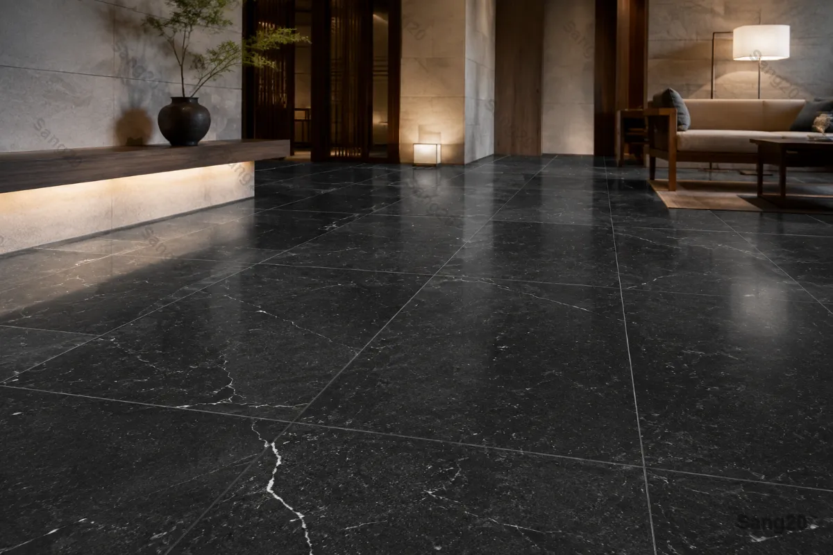 First-grade Sarkan black granite flooring with restrained natural veins in a modern lobby