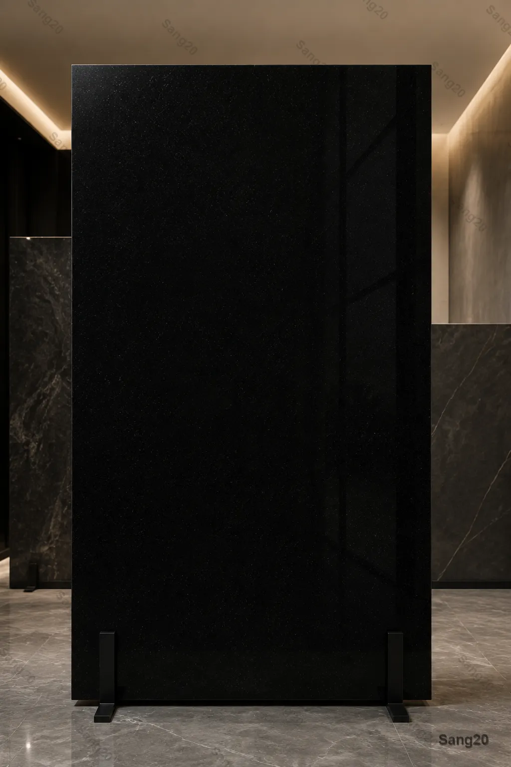 Super-grade polished Sarkan Tuyserkan black granite slab with a uniform deep-black color and mirror finish
