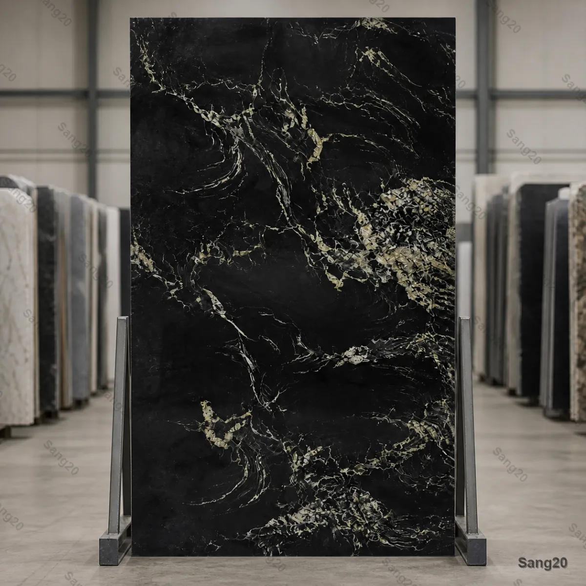 Polished black Tuyserkan granite slab with natural light veining in a stone warehouse