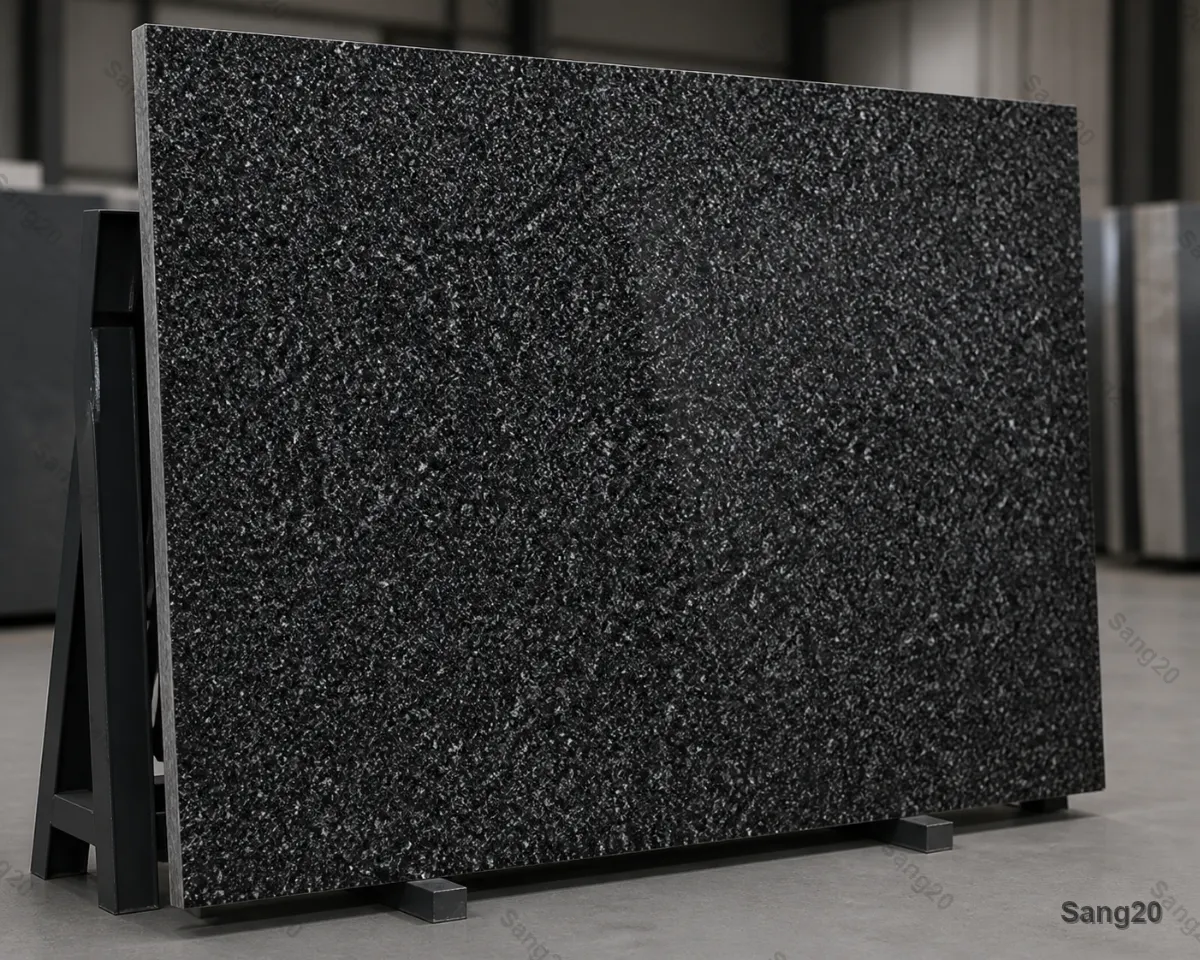 Polished Alamut black granite slab with white crystalline speckles for modern facades and luxury flooring