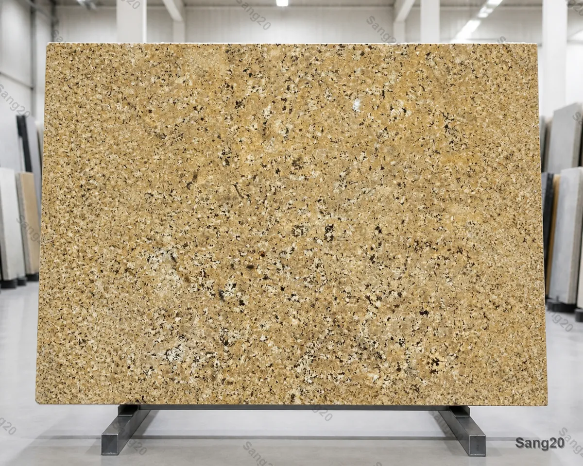 Polished golden Khorramdarreh granite slab with granular texture