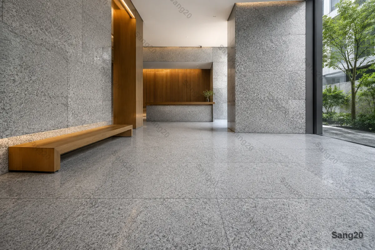 أرضيات وكسوة جدران من جرانيت زنجان الرمادي في بهو حديث بتصميم معماري بسيط