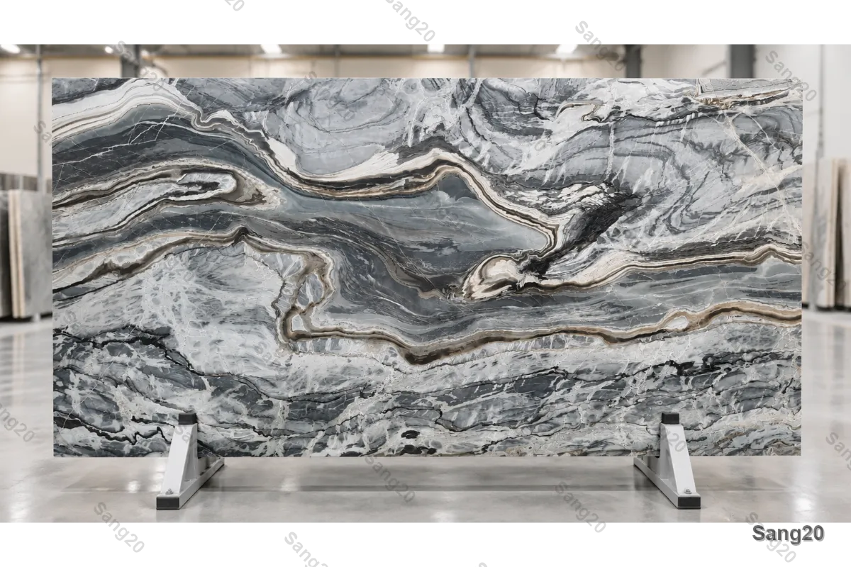 “Premium Silver Stream marble slab with dramatic grey and black flowing veins, polished finish for luxury interior design”