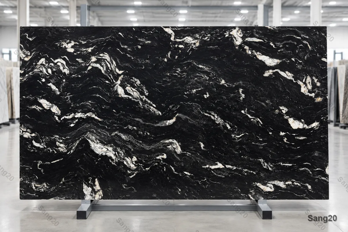 “Exotic Brazil Titanium granite slab featuring deep black background and dynamic swirling white and gold veins, polished finish”