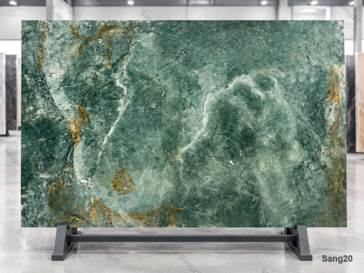 “Exotic Turquoise granite slab featuring rich green and sage background with natural gold and brown patches, polished finish”