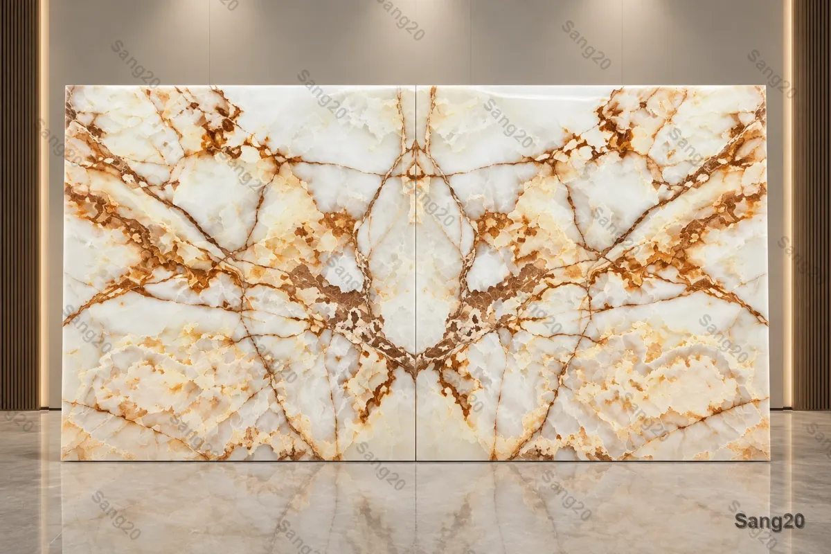 Bookmatched polished orange onyx marble slab with golden amber veins in luxury modern interior showroom