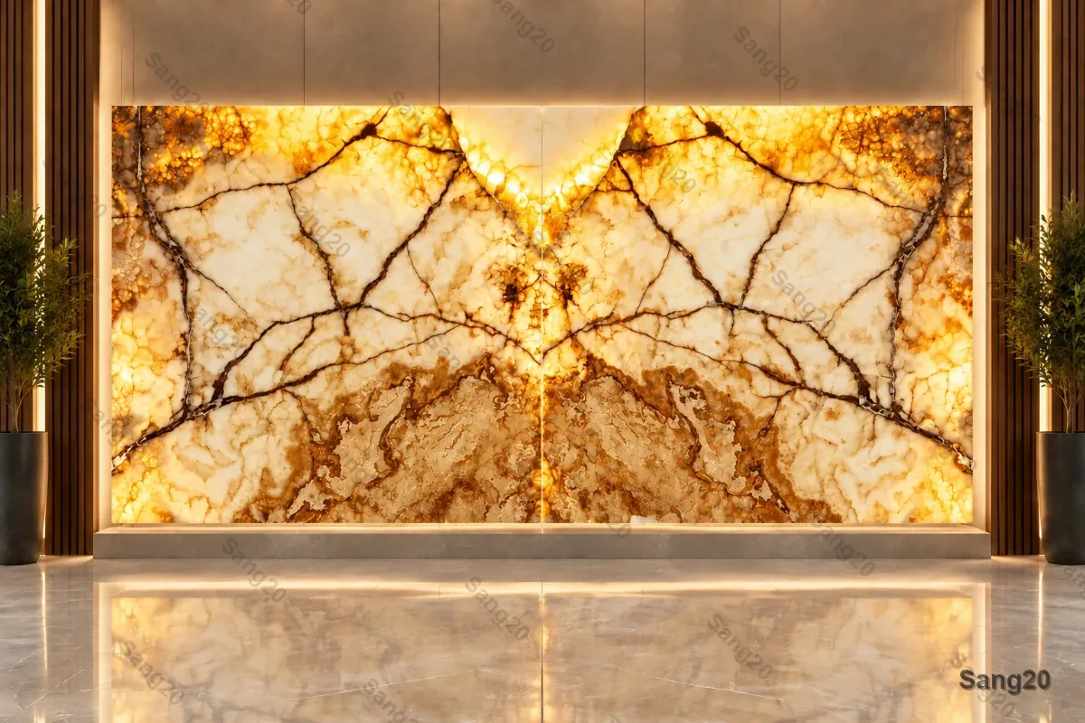 Full rectangular bookmatched golden onyx marble wall feature with integrated backlighting in luxury living room