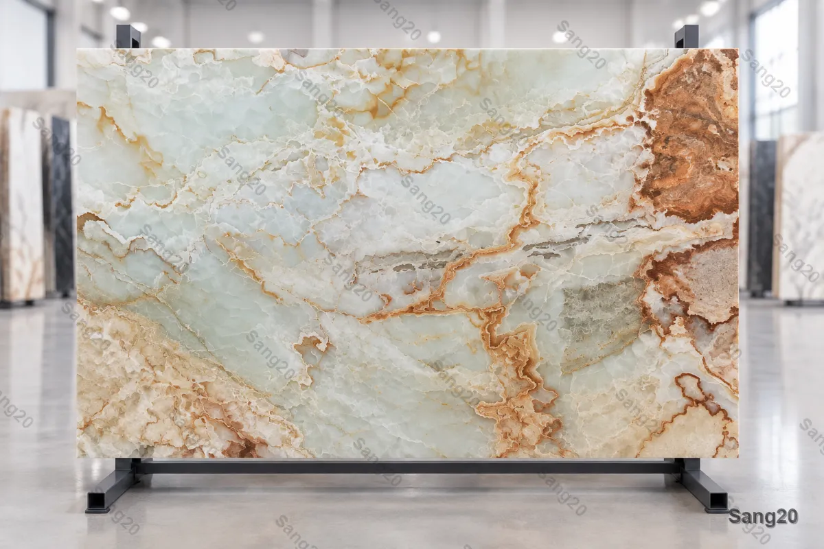 Luxury polished onyx slab with a dramatic landscape pattern, blending an icy white crystalline base with fluid honey-amber and copper waves, perfect for statement feature walls and backlit architectural designs
