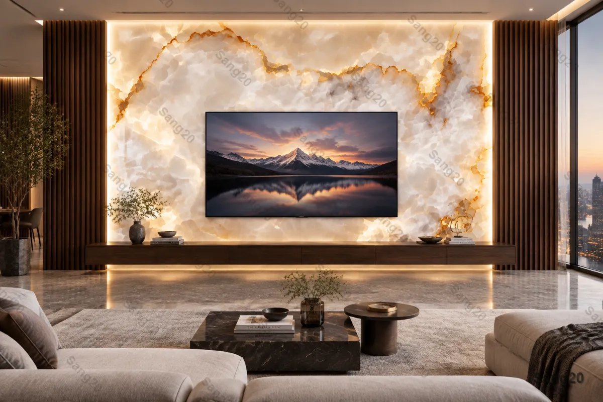 “Luxury TV wall design featuring backlit white and gold veined onyx marble slab in a modern living room interior”