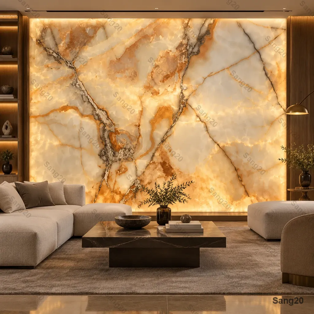 طراحی داخلی نشیمن مدرن با دیوار شاخص و نورگذر (Backlit) از سنگ مرمر اونیکس سفید و کهربایی همراه با مبلمان شیک