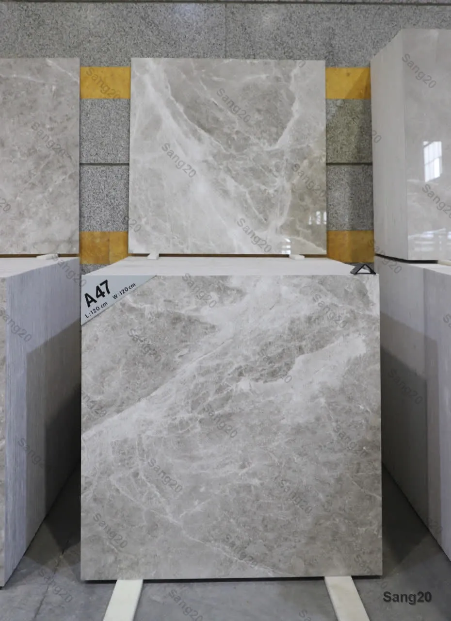 “Persian Scato grey crystal marble slab tile code A47, 120x120 cm, featuring white cloudy veins and high-gloss polished finish for luxury flooring and wall cladding”