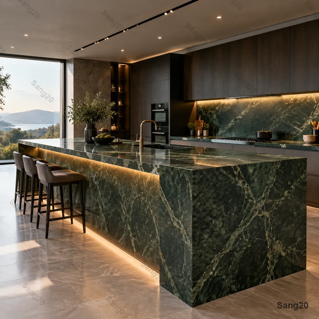 Modern luxury kitchen design featuring a Pomegranate Grain Leathered Granite waterfall island; deep forest green stone countertop with elegant integrated lighting and matte textured finish.