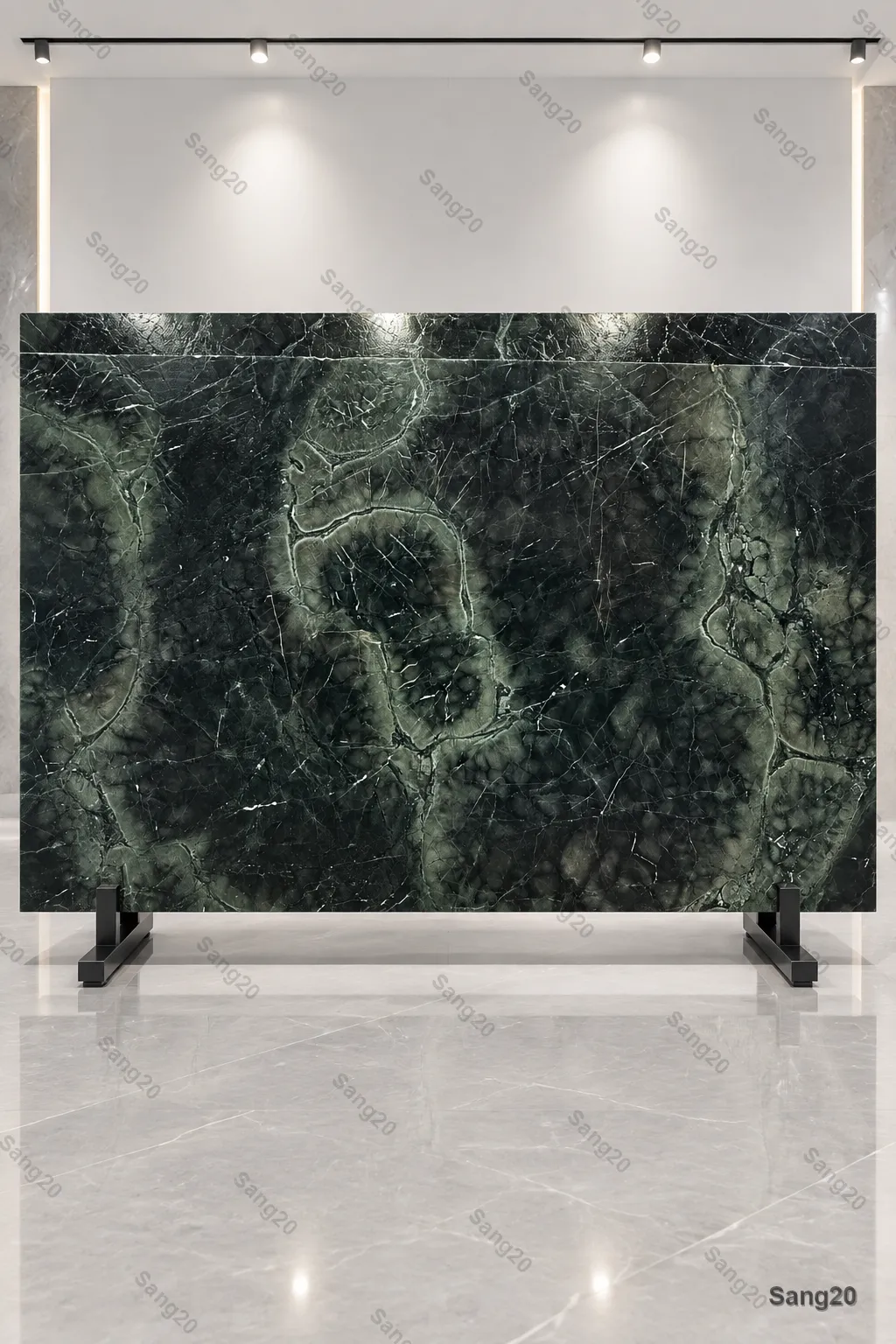 Polished Toraco dark green and black marble slab with natural white veining