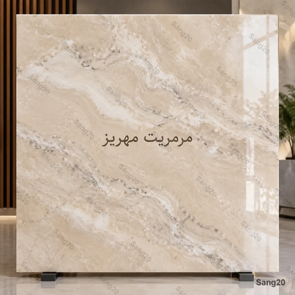 سنگ مرمریت مهریز یزد کرم استخوانی روشن با امواج ملایم کلسیت و ساب صیقلی سنگ ۲۰