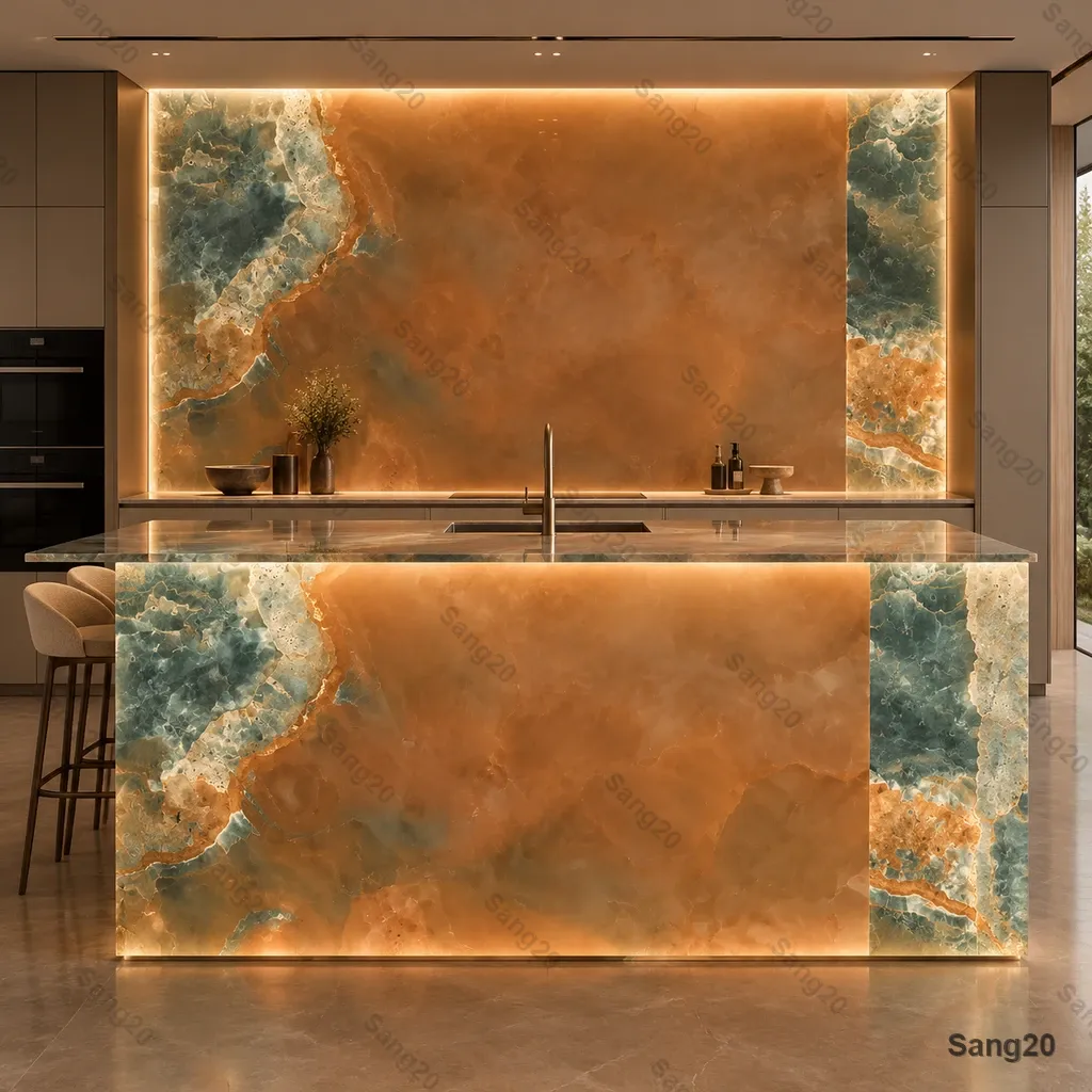 آشپزخانه لوکس مدرن با جزیره و دیوارپوش (Backsplash) نورگذر از سنگ مرمر اونیکس سبز و قهوه‌ای