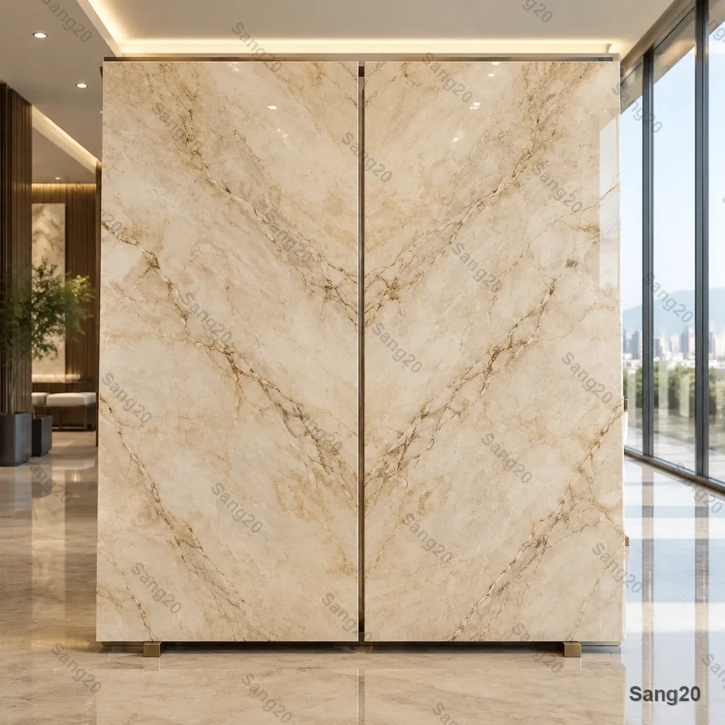 Khor cream beige marble slab with natural soft veins in a modern luxury interior